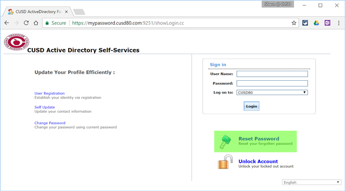 Reset Password button on Self-Service Portal login screen 